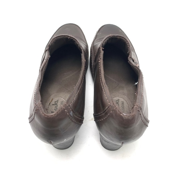 CLARKS Chocolate Brown Chunky Block High Heels Clogs Booties Leather Shoes 9 W - Picture 11 of 16